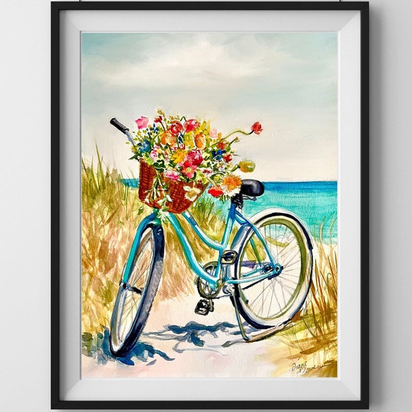 BICYCLE at the BEACH with a Basket of FLOWERS, Beach Decor, Watercolor Beach Painting, Coastal Wall Art