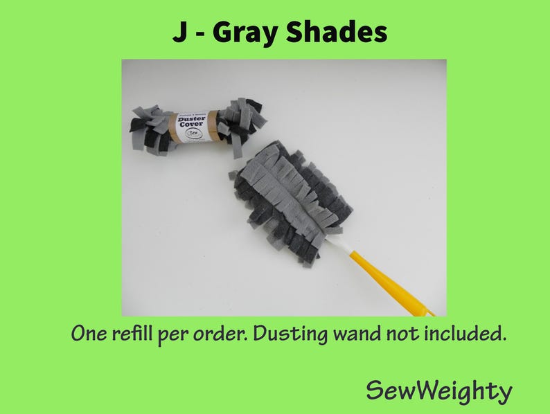 Puede incluir: Un recambio de plumero gris y negro y un plumero con mango amarillo. El texto "J - Gray Shades" est&aacute; en la parte superior de la imagen. El texto "Duster Cover" est&aacute; en el recambio. El texto "SewWeighty" est&aacute; en la parte inferior.