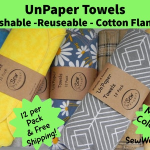 UnPaper Towels / Washable Paperless Paper Towels / Reusable Single or Double Ply / Cloth Paper Towels / Cotton Flannel Napkins / Set of 12