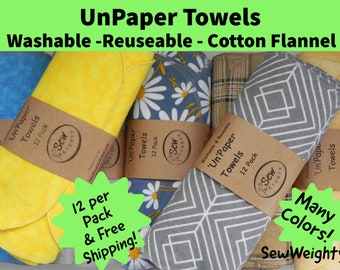UnPaper Towels - 12 in a pack - Reusable & Washable.  Single ply Cotton Flannel - Fast Free Shipping