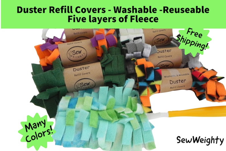 Puede incluir: Una colecci&oacute;n de recambios de plumero lavables y reutilizables, hechos de cinco capas de forro polar. La imagen muestra varios paquetes en tonos verdes, naranjas, morados y azules. El texto en la imagen dice "Duster Refill Covers" y "Many Colors!"