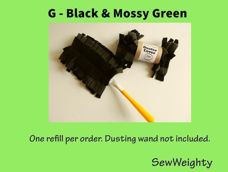 Puede incluir: Recambio de funda para plumero negro y verde musgo con mango naranja y blanco. El texto "G - Black & Mossy Green" est&aacute; en la parte superior. El texto "Duster Cover" est&aacute; en el producto. El texto "SewWeighty" est&aacute; en la parte inferior.