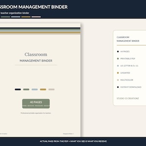 Puede incluir: Un archivador de gestión de aula en PDF imprimible con fondo crema y detalles en azul oscuro, verde y dorado. La portada incluye el texto Classroom Management Binder y 40 páginas. Un panel lateral indica 44 páginas, formato US letter 21,59 x 27,94 cm.