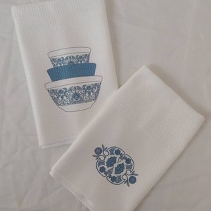 Pyrex Pattern Waffle Weave Dishtowel, Pyrex towel, kitchen towels, custom Pyrex towels, Horizon Blue, Vintage Kitchen Decor
