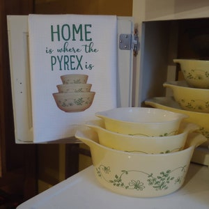 Shenandoah Pyrex Pattern Kitchen Towel –Whimsical Green Vine Floral Design, Waffle Weave Dishtowels, Home is Where the Pyrex Is, Pyrex towel
