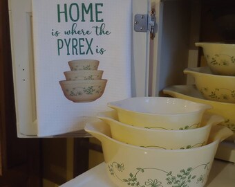 Shenandoah Pyrex Pattern Kitchen Towel –Whimsical Green Vine Floral Design, Waffle Weave Dishtowels, Home is Where the Pyrex Is, Pyrex towel