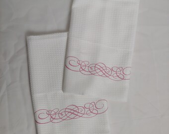Pyrex Pattern Pink Scroll, Waffle Weave Dishtowel, Pyrex towel, kitchen towels, vintage kitchen décor
