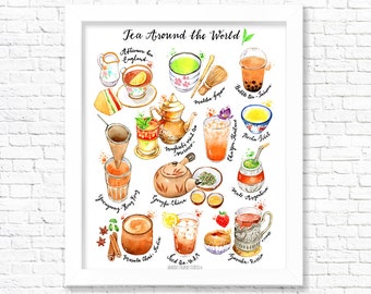 Tea Around The World/ Fine Art Print/ Kitchen Wall Art/ Food Poster/ Tea Art/ Watercolor Food Print/ Gift for a Foodie/ Tea Lovers