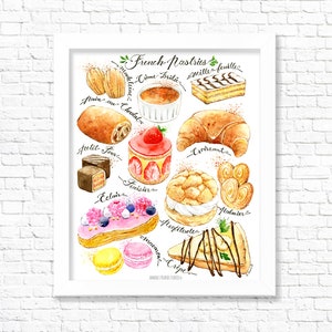 French Pastries/ Fine Art Print/Kitchen Wall Decor/ Food Wall Art/ French desserts/ Food Poster/ Eclair/ Macaroons /Gift for Foodies