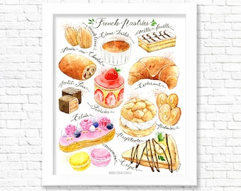French Pastries/ Fine Art Print/Kitchen Wall Decor/ Food Wall Art/ French desserts/ Food Poster/ Eclair/ Macaroons /Gift for Foodies