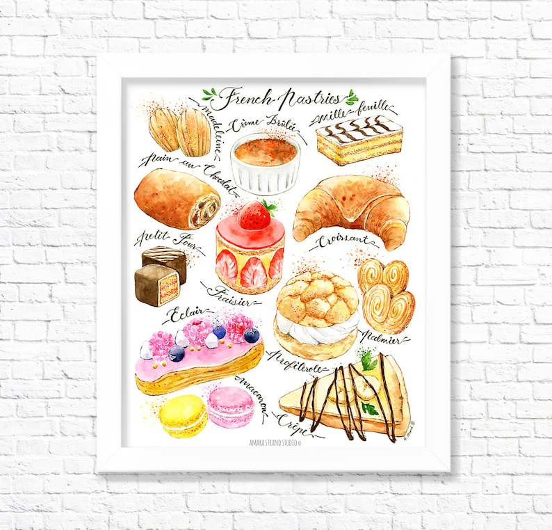 French Pastries/ Fine Art Print/Kitchen Wall Decor/ Food Wall Art/ French desserts/ Food Poster/ Eclair/ Macaroons /Gift for Foodies 