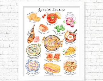 Spanish Cuisine, Fine Art Print, Kitchen Wall Art, Watercolour Painting, Gift for Foodie/ Food Art Print