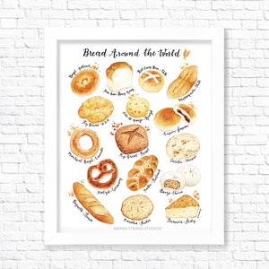 Peut inclure: Une illustration aquarelle de différents types de pain du monde entier. L'illustration est en forme de cœur et comprend le nom du pain et le pays d'origine. Les types de pain incluent : Bagel (Pologne), Hot Cross Bun (Royaume-Uni), Massagusia (Chili), Fry Bread (États-Unis), Pate de Queijo (Brésil), Montreal Bagel (Canada), Inpan (Japon), Rye Bread (Israël), Tortilla (Mexique), Baguette (France), Pretzel (Allemagne), Pulla (Finlande), Baozi (Chine), Naan (Inde) et Focaccia (Italie).
