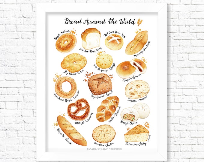 Le tour du monde du pain/ Impression artistique/ Poster de nourriture/ Art mural de cuisine/ Décoration de cuisine/ Cadeau pour les gourmets/ Cadeau pour les gourmets