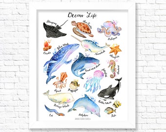 Ocean Life/ Nursery Prints/ Animal Fine Art Print/ Nursery decor/ Nursery Wall Art/ Baby Animal Prints