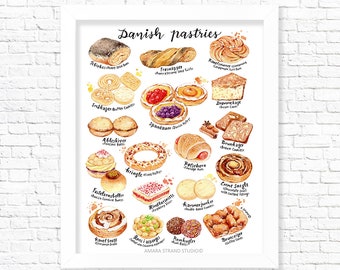 Danish Pastires / Fine Art Print/ Food Poster/ Kitchen Wall Art/ Kitchen Decor/ Foodie gifts