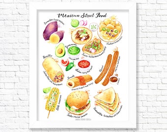 Mexican Street Food/ Fine Art Print/ Kitchen Wall Art/ Food Poster/ Watercolor Food Print/ Gift for Foodies