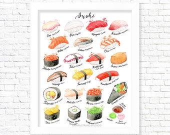 Sushi, Fine Art Print, Kitchen Wall Art, Watercolour Painting, Gift for Foodie/ Food Art Print
