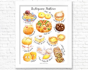 Portuguese Pastries/ Kitchen Wall Art/ Art print/ Desserts Print/ Food Print/ Portugal Wall Decor/ Wall Hanging/ Home Decor/ Gift for Foodie