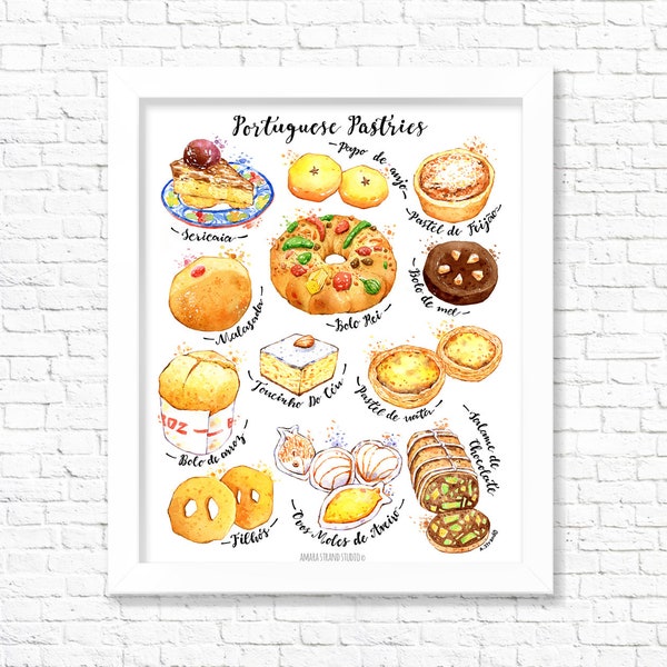 Portuguese Pastries/ Kitchen Wall Art/ Art print/ Desserts Print/ Food Print/ Portugal Wall Decor/ Wall Hanging/ Home Decor/ Gift for Foodie