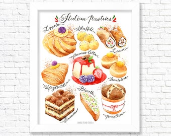 Italian Pastries/ Fine Art Print/ Kitchen Wall Art/ Kitchen Wall Decor/ Food Print/ Food Painting/  Food Illustration/ Gift for Foodies