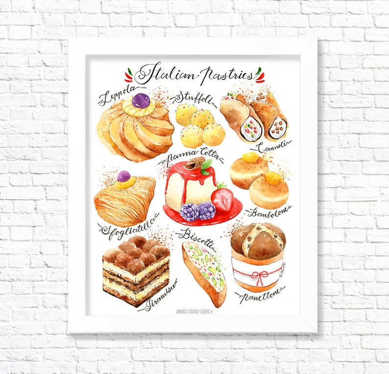 Italian Pastries/ Fine Art Print/ Kitchen Wall Art/ Kitchen Wall Decor/ Food Print/ Food Painting/  Food Illustration/ Gift for Foodies 