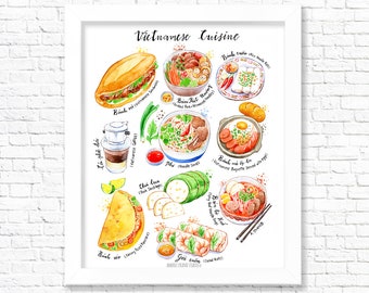 Vietnamese Cuisine/ Fine Art Print/ Kitchen Wall Art/ Food Poster/ Watercolor Food Print/ Gift for a Foodie