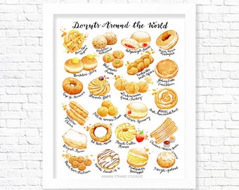 Donuts Around the World/ Fine Art Print/ Kitchen Wall Art/ Food Poster
