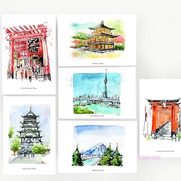 Japan postcards/ Set of 6/ Tokyo Skytree/ Osaka Castle/ Sensō-ji/ Fushimi Inari-taisha/ Kinkaku-ji/ Mount Fuji/ Watercolour Sketch Postcards