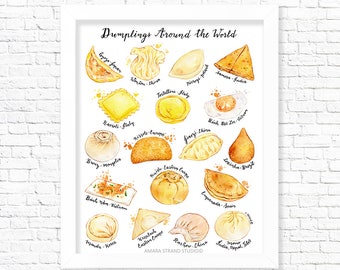 Dumplings Around the World, Fine Art Print, Kitchen Wall Art, Watercolour Painting, Gift for Foodie/ Food Art Print