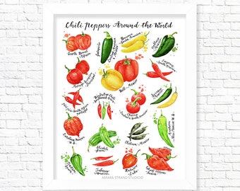 Chili Peppers Around the World/ Fine Art Print/ Kitchen Wall Art/ Food Poster/ Watercolor Food Print/ Gift for a Foodie