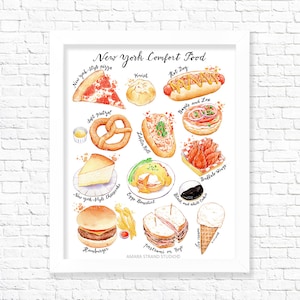 Nourriture réconfortante new-yorkaise/ Impression artistique/ Poster de nourriture/ Art mural de cuisine/ Illustration de nourriture/ Cadeau pour les gourmets