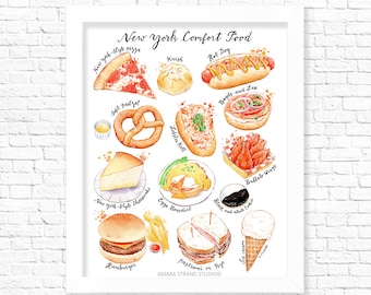 New York Comfort Food/ Fine Art Print/ Food Poster/ Kitchen Wall Art/ Food Illustration/ Gift for Foodies