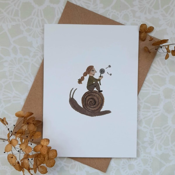 Greetings card, eco-friendly, snail, dandelion, best wishes, good luck, children's, friendship, nature, illustration, kids decor, birthday