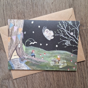 Baumhaus, umweltfreundliche Grußkarte, Geburtstag, Kinder, Kunst, Danke, Fee, Elfen, Wimpel, Waldland, Pilz, Frosch