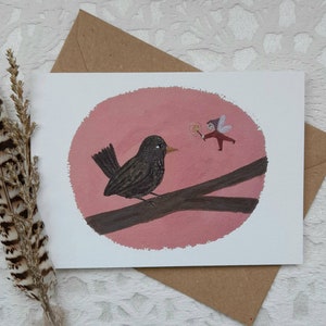 Grußkarte, Freundschaft, jede Gelegenheit, Geburtstag, denke an dich, Vogel, Fee, Kinderkarte, umweltfreundlich