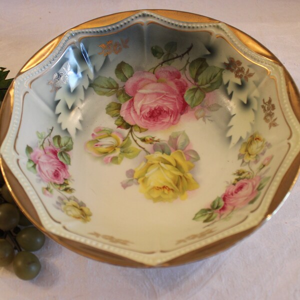 Antique Victorian Porcelain 9" Serving Bowl - Pink and Yellow Roses with a Beaded Gold Rim, PK Silesia