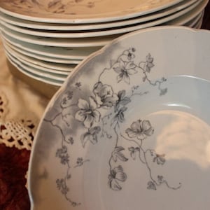 Set of 10 Antique Bishop & Stonier 9&quot; Soup Bowls - Boston Pattern, Monochromatic, Semi Imperial Porcelain