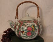 Vintage Chinese Famille Rose Medallion Porcelain Teapot with Wicker Handle - SIGNED