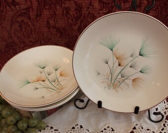 Set of 4 Crooksville China 8" Large Soup Bowls - Green and Gold Windfowers on Ivory Background