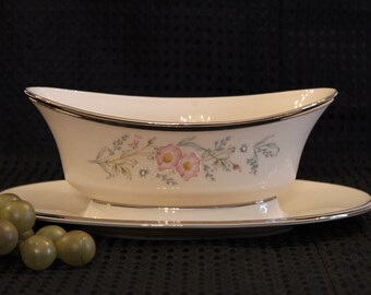 Lenox Gravy Boat with Attached Plate - Flirtation Pattern with Platinum Band, Pastel Floral over Cream Color Porcelain