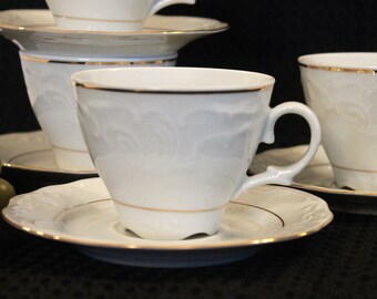 Set of 4 Classic Gold Menuet Tea Cups and Matching Saucers - Bright White with Embossed Band and Gold Rim, Excellent Condition