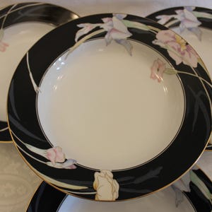 Set of 4 Vintage Mikasa Fine China 8&quot; Soup or Salad Bowls - Charisma Black, L9050, Excellent Condition