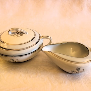 Noritake China Creamer and Sugar Bowl Set - Bluebell 5558 Pattern, Blue Floral Center, Pastel Blue and Platinum Rim, Excellent Condition