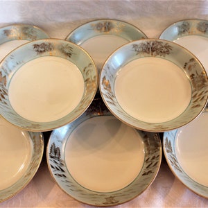 Set of 8 Nagoya Porcelain China 7.75&quot; Soup or Salad Bowls - Light Blue Wide Band with Hand Painted Gold Asian Scenery