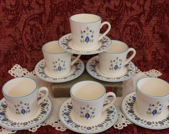 Set of 6 Vintage Stetson China Tea Cups and Saucers - Swiss Alpine Chalet Pattern, Blue Leaves and Turquoise Flowers