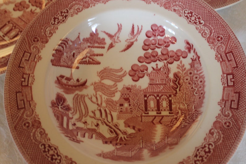 Red or Pink Willow Pattern Set of 4 Johnson Brothers 8 Wide Rimmed Soup Bowls