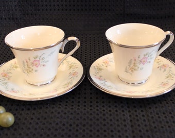 Set of 2 Lenox Tea Cups with Matching Saucers - Flirtation Pattern with Platinum Band, Pastel Floral over Cream Color Porcelain