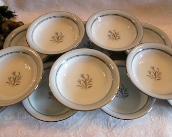 Set of 12 Noritake China 5.5" Fruit Bowls - Bluebell 5558 Pattern, Blue Floral Center, Pastel Blue and Platinum Rim, Excellent Condition