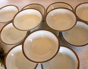 Set of 12 Eamag Bavarian Porcelain 5.25" Fruit Bowls - 7393, Bright White with Formal Black/Gold Band, Bavaria, Germany, Schonwald